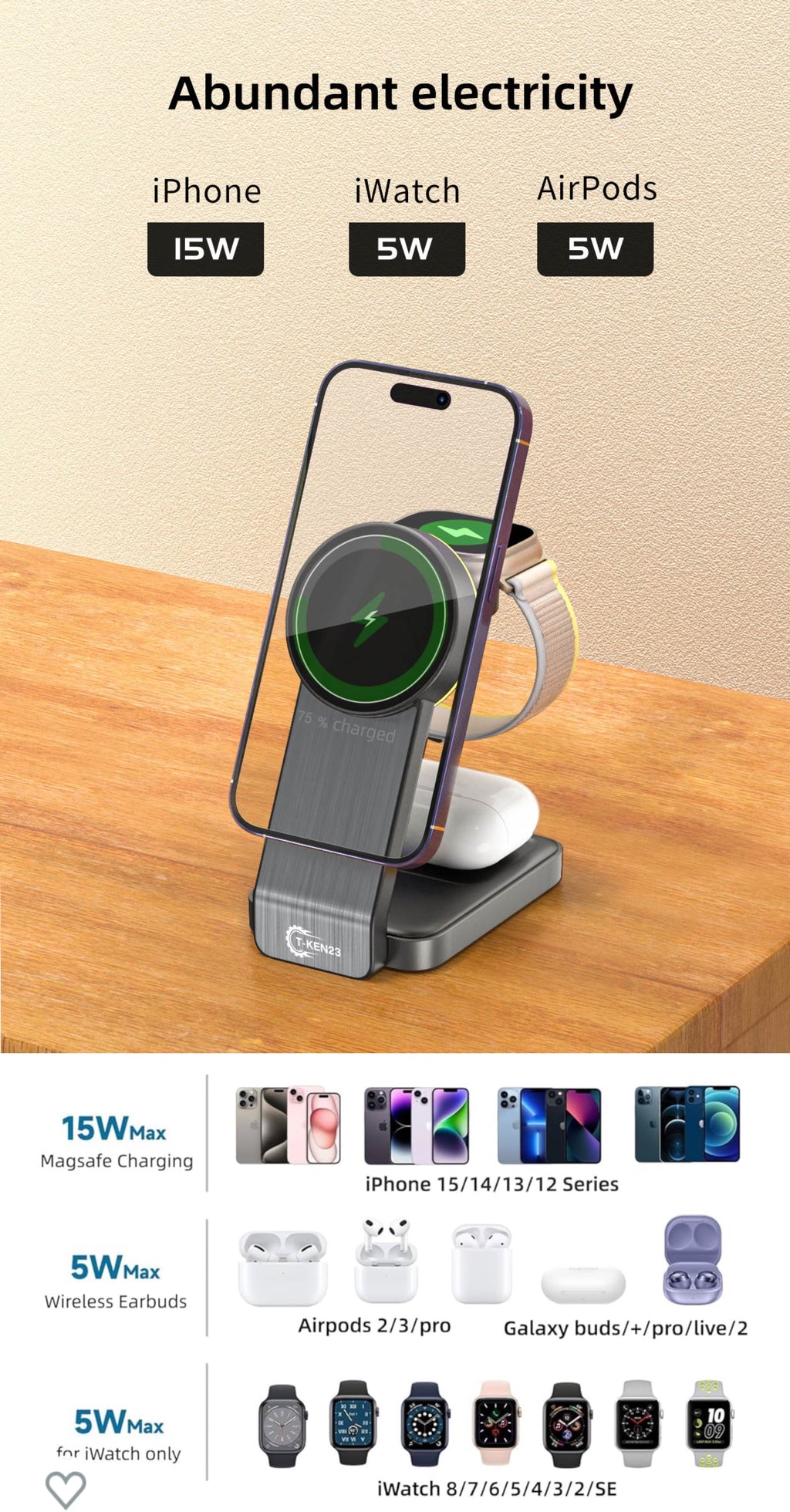 Chargeur sans fils 3 en 1 Pour iPhone