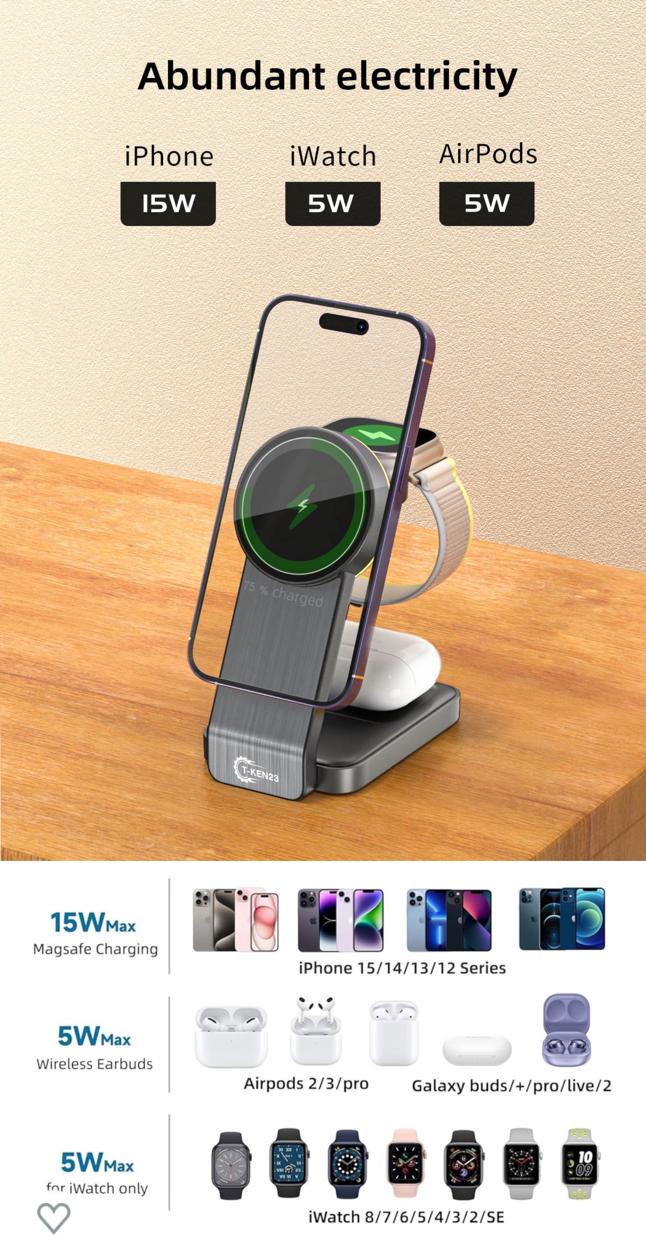 Chargeur sans fils 3 en 1 Pour iPhone