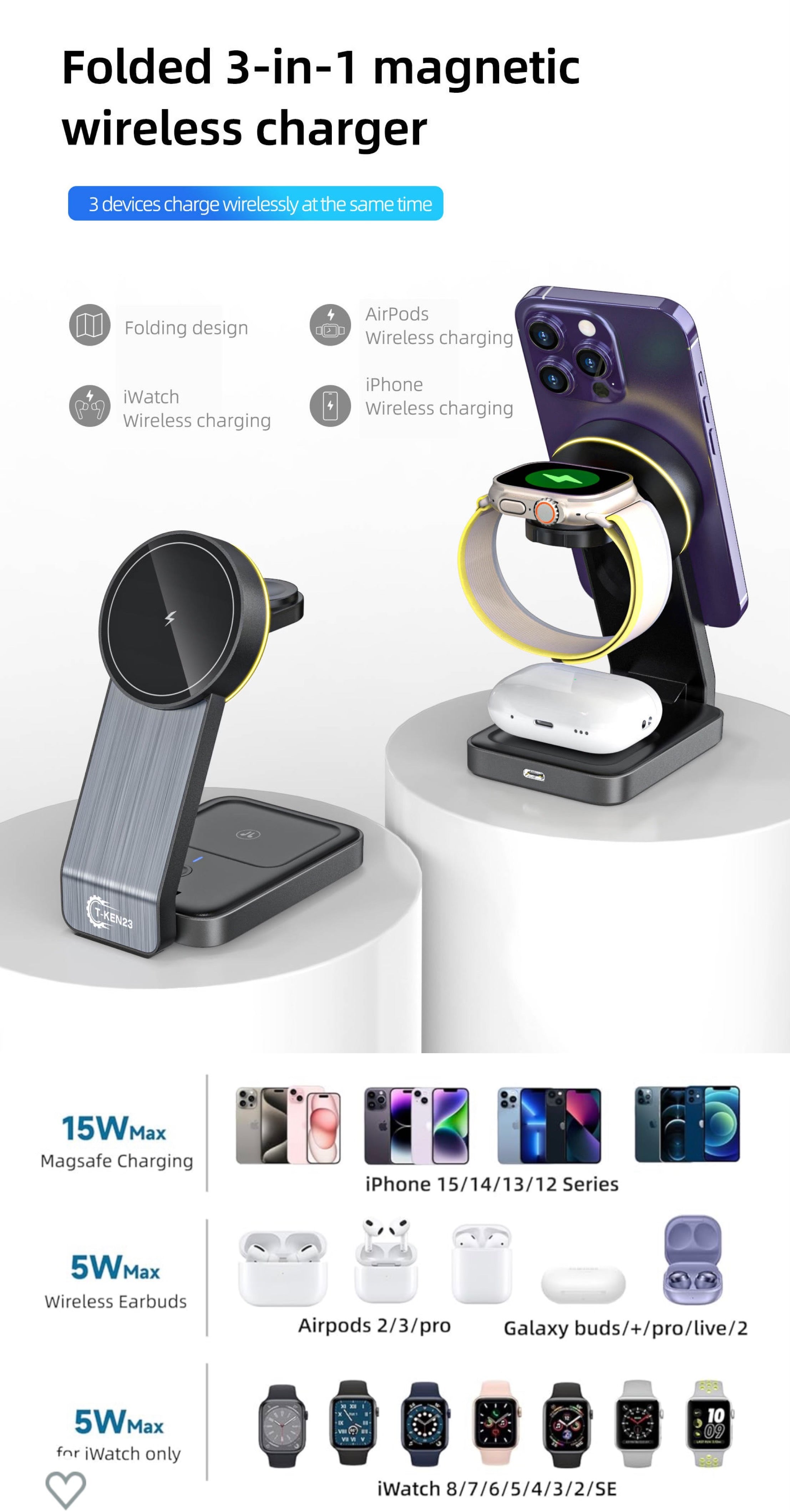 Chargeur sans fils 3 en 1 Pour iPhone